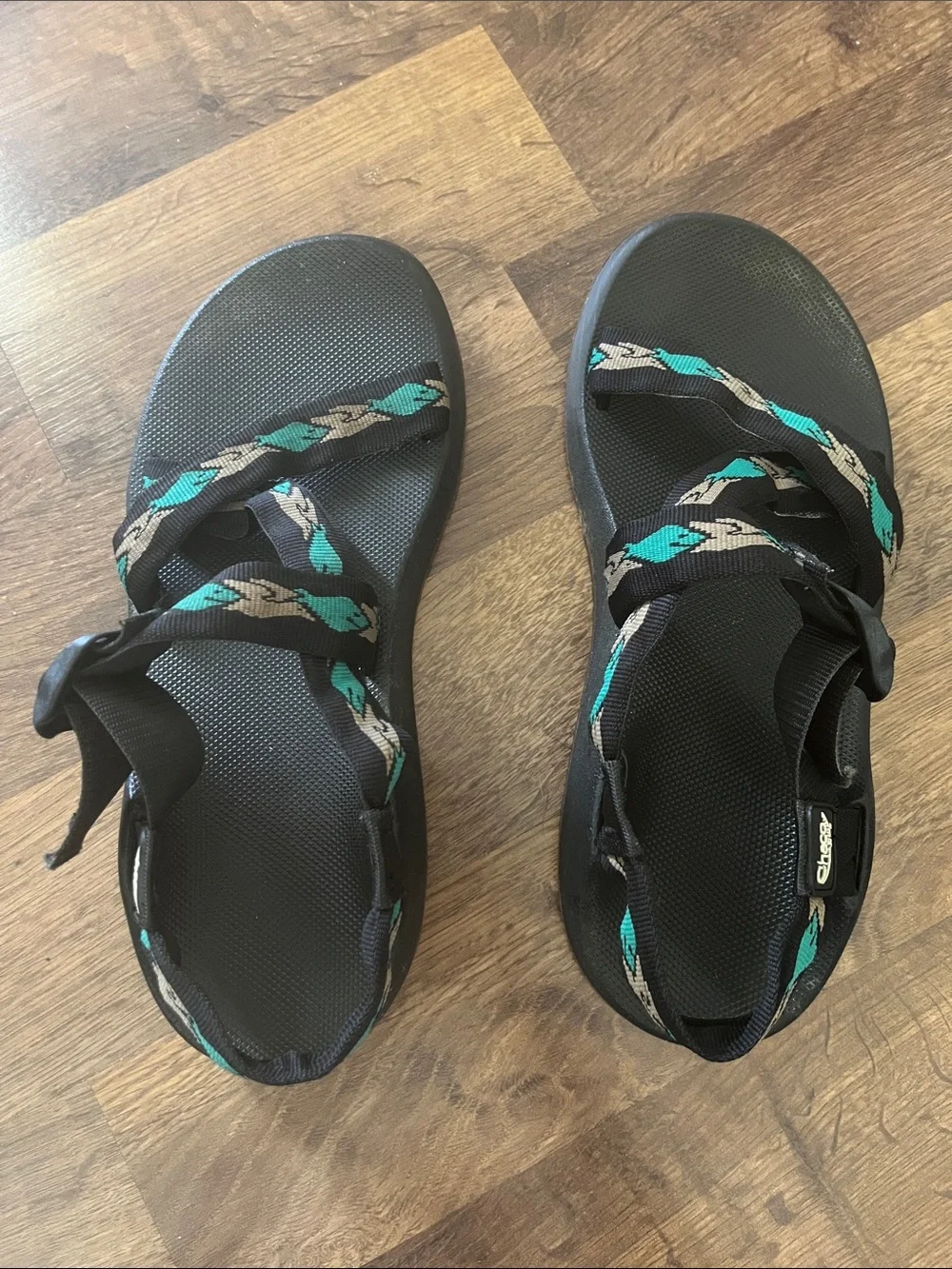 Chaco Sandals Z/1 Tan Teal Straps with Fish and Birds Size 10.5 Men’s Size 9